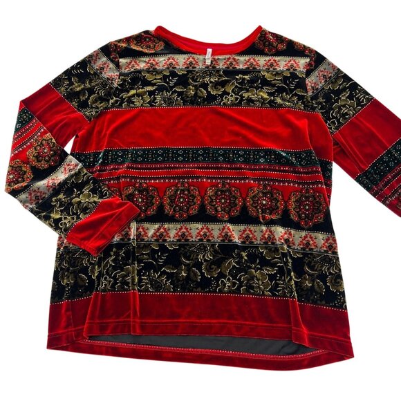 White Stag XL Velvet Holiday Tunic Top Red Black Gold Floral Striped Pattern - Picture 1 of 5